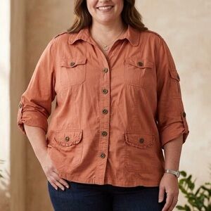 Dressbarn Rust Utility Safari Shacket Top Shirt Terracotta Burnt Orange Boho